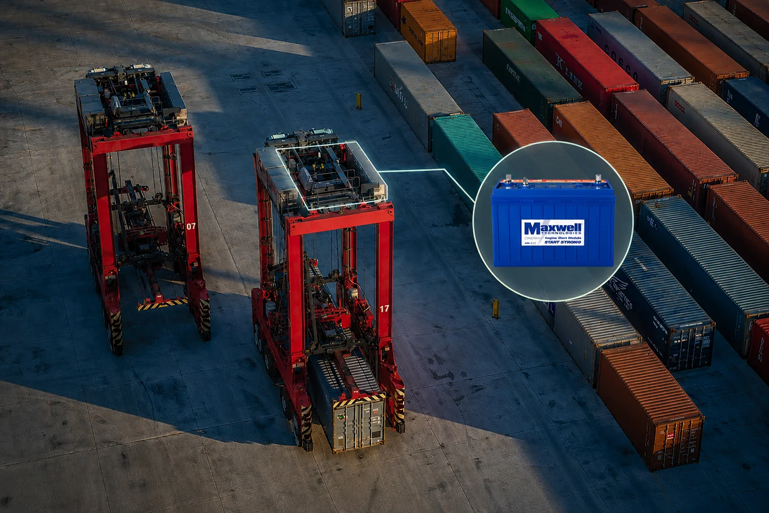 Supercapacitor Engine Start Module trial on an automated straddle carrier fleet Automated straddle carriers at a container terminal with a supercapacitor Engine Start Module (ESM) highlighted